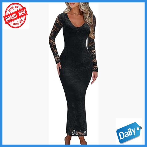 Lace Maxi Dress with Flare Sleeves V-Neck Formal Cocktail Mermaid Hem